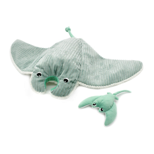 Peluche raie manta parent et son bébé vert d'eau